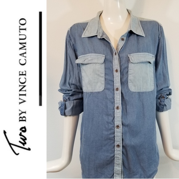 Two By Vince Camuto Chambray Button Down Blouse M - Picture 1 of 6
